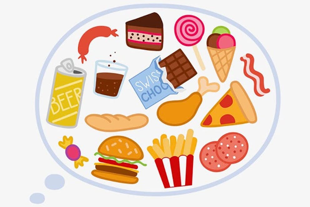 Bong bóng suy nghĩ chứa đầy những hình vẽ hoạt hình về những thực phẩm ăn gian carb không tốt cho sức khỏe như khoai tây chiên, bánh ngọt, đồ ngọt.